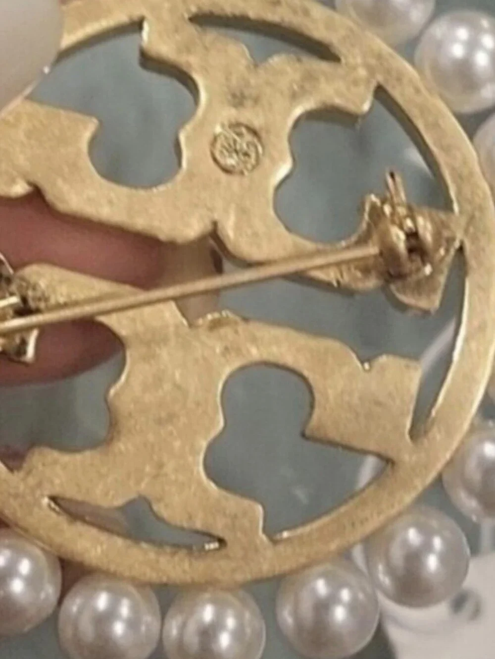 Tory Burch Gold-Tone Logo Brooch with Pearl Trim